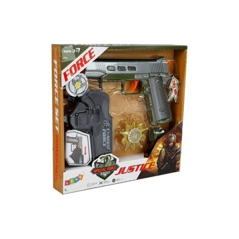 Zestaw policyjny Pistolet 20cm Odznaka Gwizdek Kabura Efekty Świetlne Dźwięk Lean (7869)