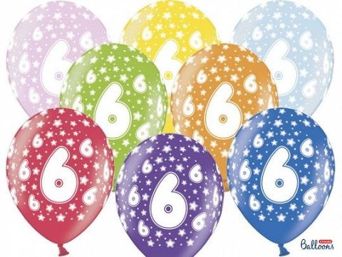 Balon gumowy gumowy 6 urodziny, mix kolorów 30 cm/6 sztuk mix 300mm Partydeco (SB14M-006-000-6)