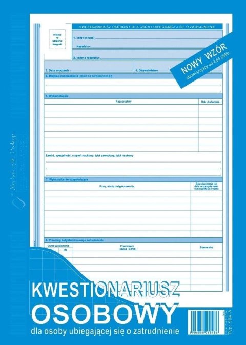 Druk offsetowy Kwestionariusz osobowy dla osoby ubiegającej się o zatrudnienie A4 40k. Michalczyk i Prokop (504-A)