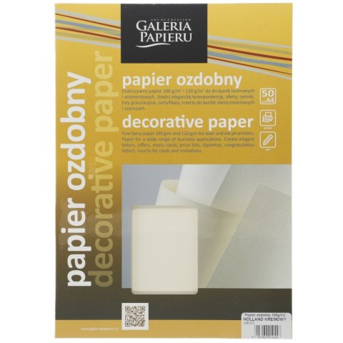 Papier ozdobny (wizytówkowy) holland A4 kremowy 100g Galeria Papieru (206302)