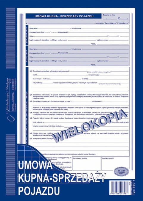 Druk samokopiujący Umowa kupna-sprzedaży pojazdu A4 40k. Michalczyk i Prokop (650-1)