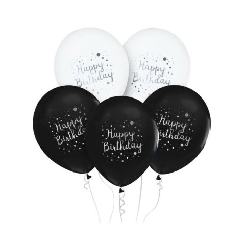 Balon gumowy Happy Birthday 5szt. biało-czarny 12cal Godan (GZ-HBC5)