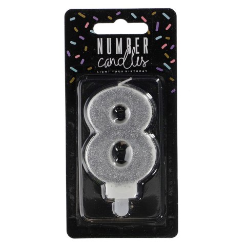 Świeczka urodzinowa cyferka 8 srebrny 7 cm 7cm Partydeco (SCU3-8-0188)