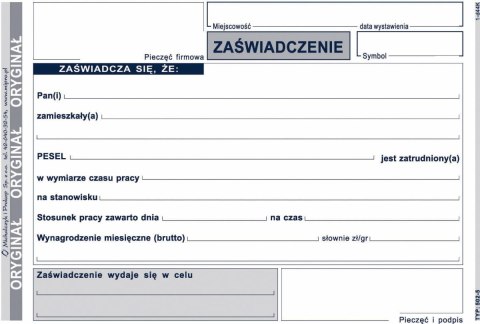 Druk samokopiujący Zaświadczenie o zatrudnieniu A6 80k. Michalczyk i Prokop (502-5)