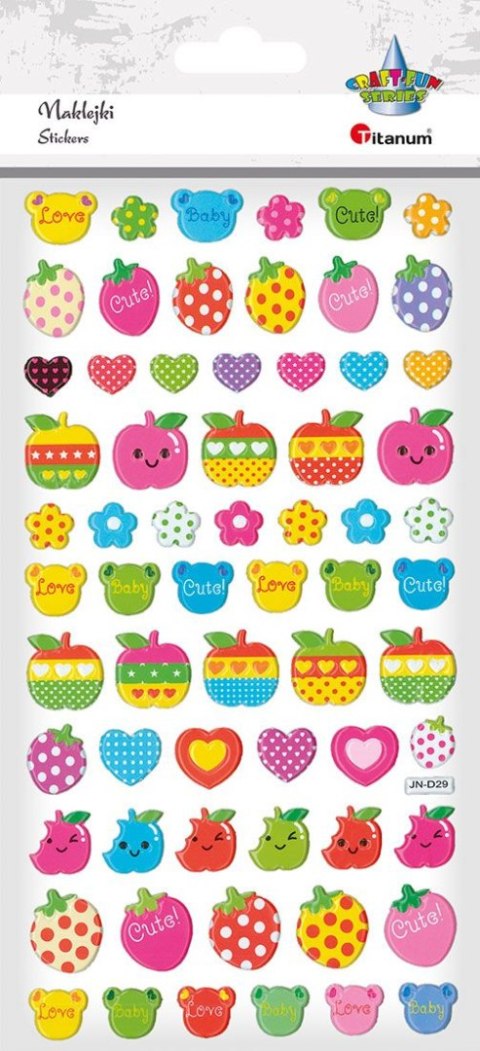 Naklejka (nalepka) Craft-Fun Series wypukła głowy misia, truskawki, jabłka, serca, kwiaty Titanum (JN-D29)
