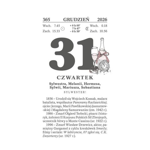 Kalendarz ścienny zdzierak 76mm x 135mm Wydawnictwo Telegraph