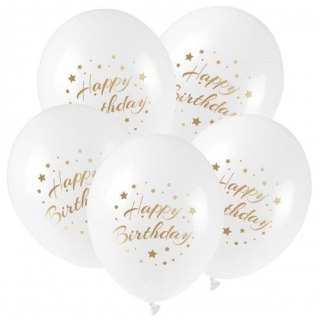 Balon gumowy ze złotym nadrukiem Happy Birthday (5 szt.) biały 300mm 12cal Arpex (KB2877)