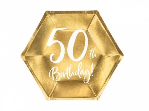 Talerz jednorazowy złoty 50 urodziny papier śr. 200mm 6 szt Partydeco (TPP73-50-019M)