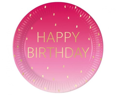Talerz jednorazowy Pink Happy Birthday, Decorata papier śr. 230mm 8 szt Godan (96623)
