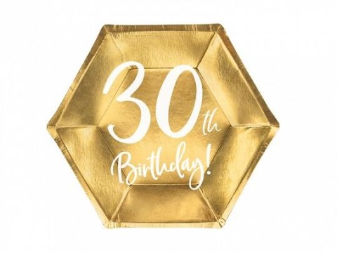 Talerz jednorazowy złoty 30 urodziny papier śr. 200mm 6 szt Partydeco (TPP73-30-019M)