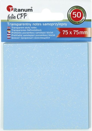 Notes samoprzylepny (karteczki) transparentne, z polipropylenu 75x75 niebieski 50k [mm:] 75x75 Titanum