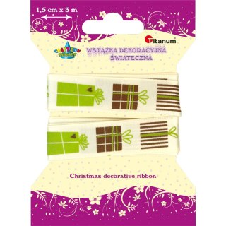 Wstążka Craft-Fun Series Xmas nadruk prezenty 15x3 [mm x m] ecru Titanum (363074)