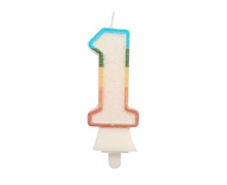 Świeczka urodzinowa cyferka 1, tęczowa, NOWY BIO BROKAT, 8,5 cm Godan (SW-CBB1)