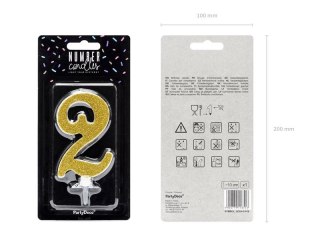 Świeczka urodzinowa Cyferka 2, złoty, 10cm Partydeco (SCU4-2-019)