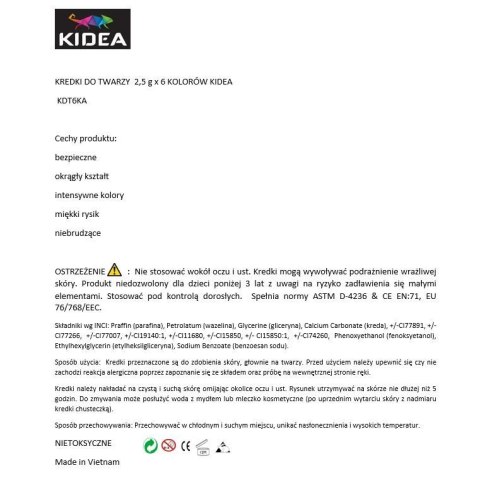 Farba do malowania twarzy 6 kolor. Kidea (KDT6KA)