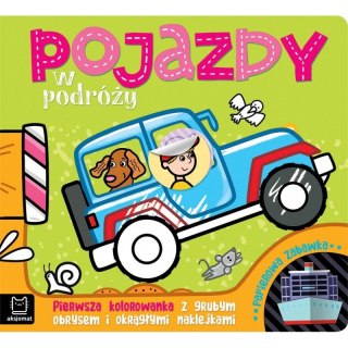 Książeczka edukacyjna Pojazdy w podróży. Pierwsza kolorowanka z grubym obrysem i okrągłymi naklejkami Aksjomat