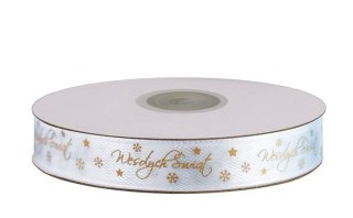 Wstążka Craft-Fun Series satynowa satynowa z nadrukiem Wesołych Świąt 12 biało-złoty Titanum (12/25YWHITE)