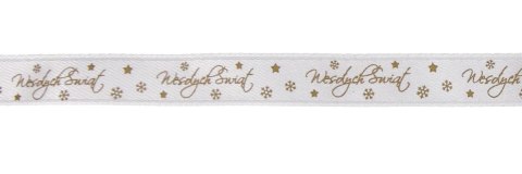 Wstążka Craft-Fun Series satynowa satynowa z nadrukiem Wesołych Świąt 12 biało-złoty Titanum (12/25YWHITE)