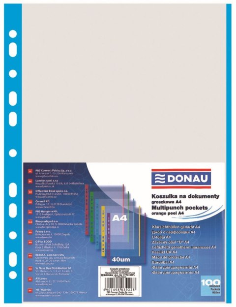 Koszulki na dokumenty krystaliczna A4 kolor: przezroczysty typu L 40 mic. Donau (1774100PL)