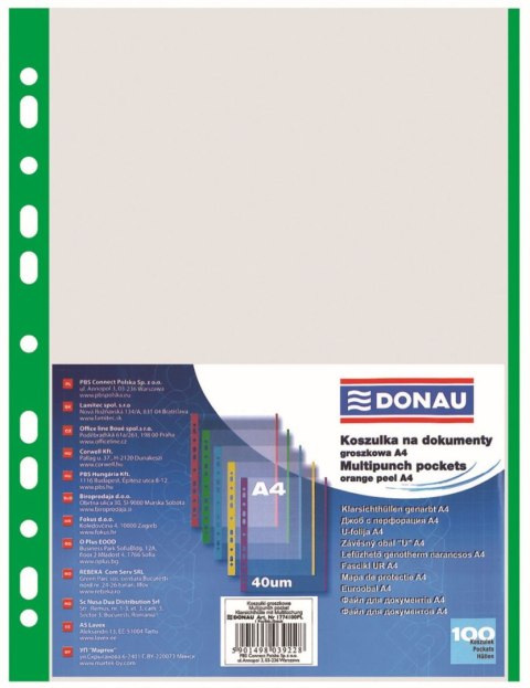 Koszulki na dokumenty krystaliczna A4 kolor: przezroczysty typu L 40 mic. Donau (1774100PL)