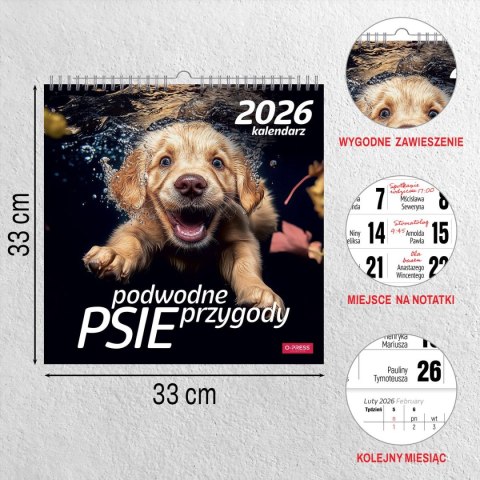 Kalendarz ścienny PSY POD WODĄ 33x33 330mm x 330mm Press