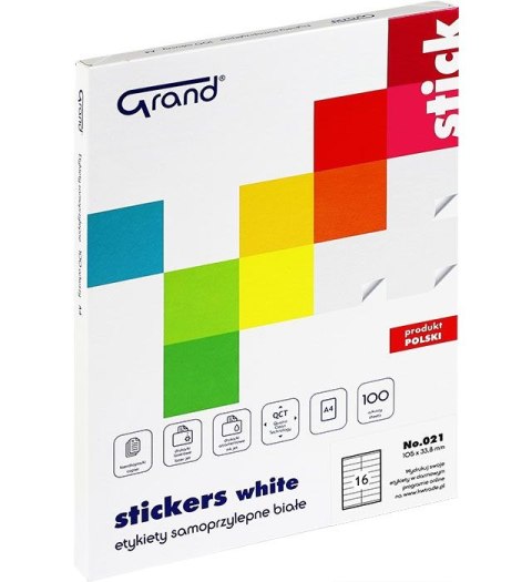 Etykieta samoprzylepna 021 A4 biała [mm:] 105x33,8 Grand (150-1048)