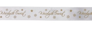 Wstążka Craft-Fun Series satynowa satynowa z nadrukiem Wesołych Świąt 25 biało-złoty Titanum (25/25YWHITE)