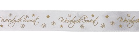 Wstążka Craft-Fun Series satynowa satynowa z nadrukiem Wesołych Świąt 25 biało-złoty Titanum (25/25YWHITE)