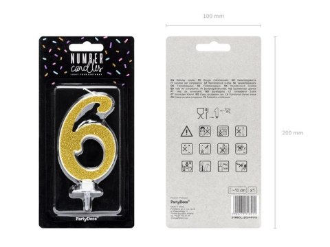 Świeczka urodzinowa Cyferka 6, złoty, 10cm Partydeco (SCU4-6-019)