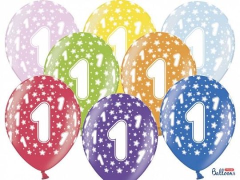 Balon gumowy gumowy 1 urodziny, mix kolorów 30 cm/6 sztuk mix 300mm Partydeco (SB14M-001-000-6)