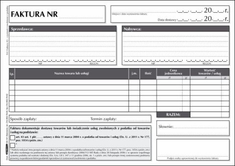 Druk samokopiujący Faktura A5 - czynności zwolnione z podatku A5 100k. Stolgraf (F41)