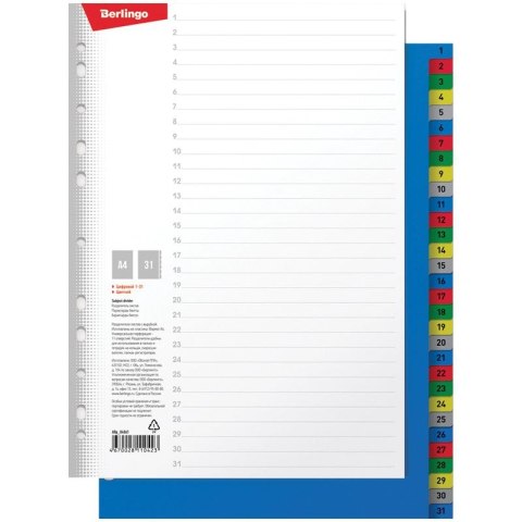 Przekładka numeryczna A4 mix kolorów 120g 31k 1-31 Berlingo (260458)