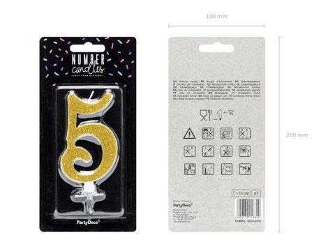 Świeczka urodzinowa Cyferka 5, złoty, 10cm Partydeco (SCU4-5-019)