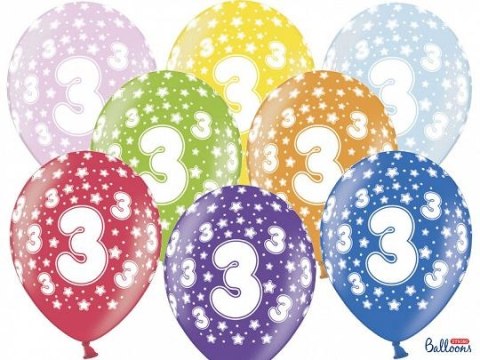 Balon gumowy gumowy 3 urodziny, mix kolorów 30 cm/6 sztuk mix 300mm Partydeco (SB14M-003-000-6)