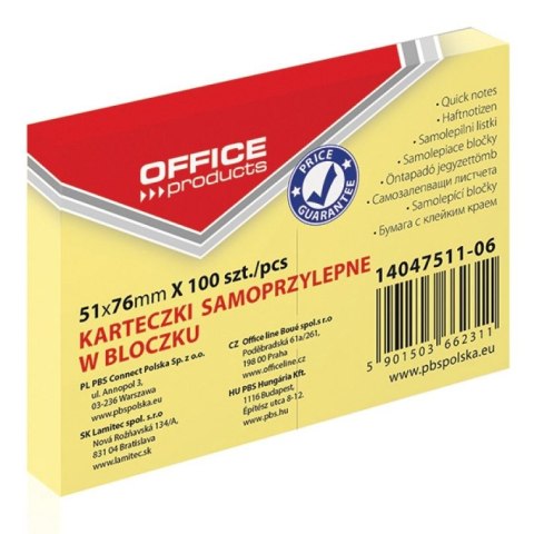 Notes samoprzylepny (karteczki) żółty 100k [mm:] 51x76 Office Products (14047511-06)