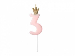 Świeczka urodzinowa Cyferka 3, jasny różowy, 9.5cm Partydeco (SCU6-3-081J)