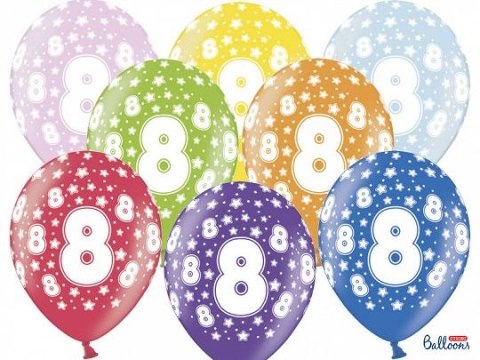 Balon gumowy gumowy 8 urodziny, mix kolorów 30 cm/6 sztuk mix 300mm Partydeco (SB14M-008-000-6)