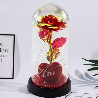 Gadżet Wieczna Róża w Kopule z Oświetleniem LED Sercem Koralikami Czerwona 21x11cm Lean (21328)