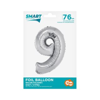 Balon foliowy Smart cyfra 9 srebrna 76cm Godan (CH-SSR9)