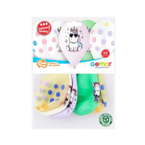 Balon gumowy Wesoły jednorożec 13 cal, 5 sztuk pastelowy 5 szt mix 330mm 13cal Godan (GS120/WJR)