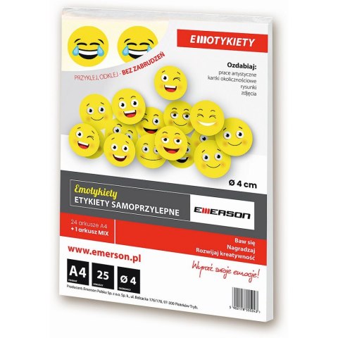Etykieta samoprzylepna emotykieta kółka żółte 40mm A4 żółty Emerson (ETOKZOL003x025x012)