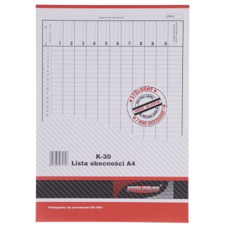Druk offsetowy lista obecności A4 A4 100k. Stolgraf (K30)