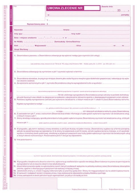 Druk samokopiujący Umowa zlecenie z rachunkiem A4 A4 40k. Michalczyk i Prokop (511-1U)