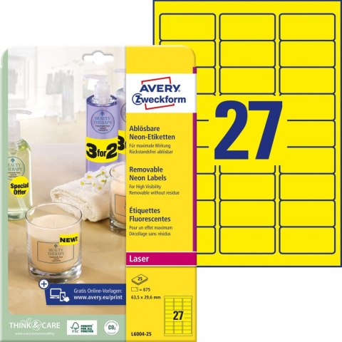 Etykieta samoprzylepna A4 żółty [mm:] 63,5x29,6 Avery Zweckform (6004)