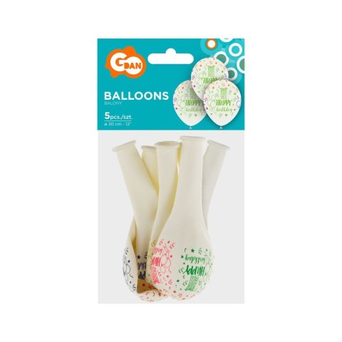 Balon gumowy Happy Birthday 12/5 szt biały 30mm 12cal Godan (132GZ-HBD5)
