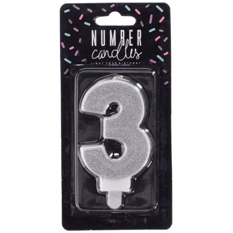 Świeczka urodzinowa cyferka 3 srebrny 7 cm 7cm Partydeco (SCU3-3-0188)