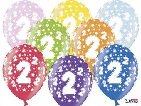 Balon gumowy gumowy 2 urodziny, mix kolorów 30 cm/6 sztuk mix 300mm Partydeco (SB14M-002-000-6)