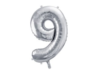Balon foliowy cyfra 9, 86 cm, srebrna 34cal Partydeco (FB1M-9-018)