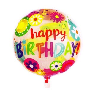 Balon foliowy okrągły Happy Birthday kwiatki Antella (BCF-174)